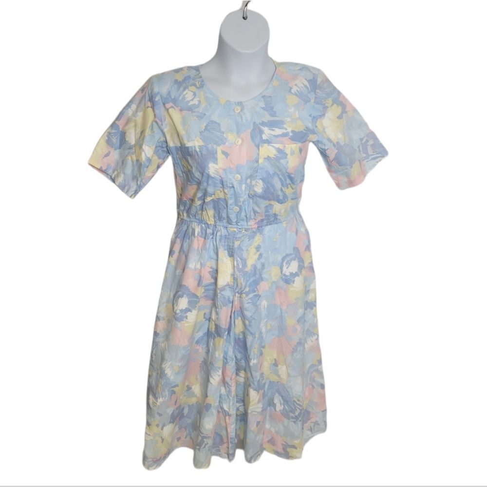 VINTAGE 80s pastel floral cottagecore short sleeve shirt dress S